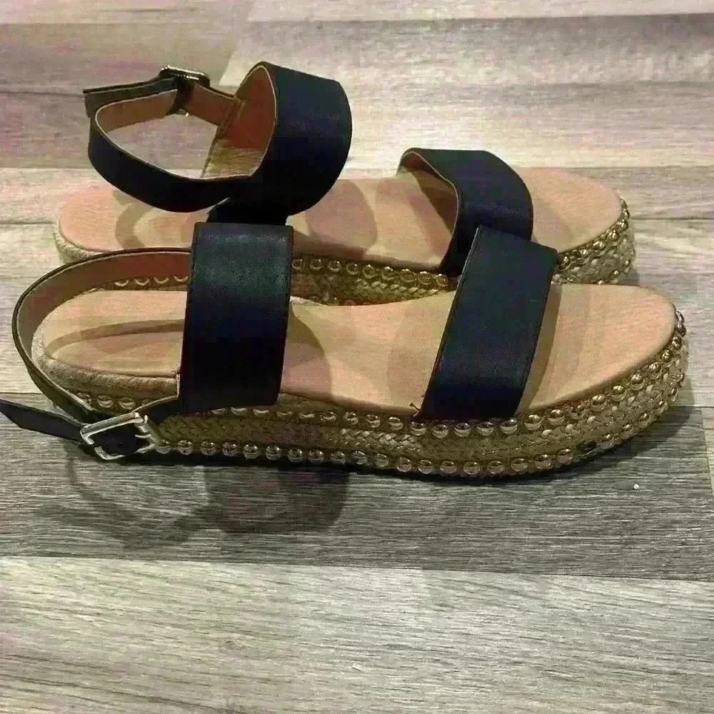 Seven Dials Berenice Black Strappy Studded Platform Espadrille Sandals Size 8.5 - Picture 2 of 3